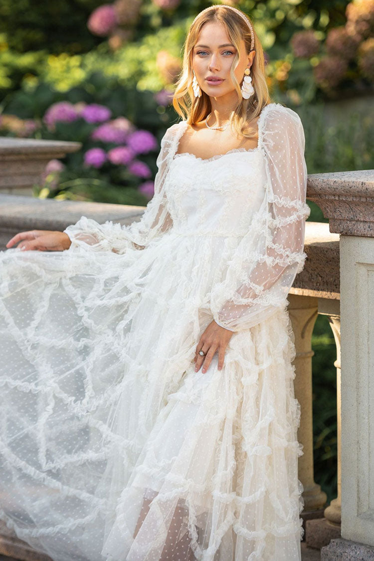 Square Neck Sheer Long Sleeve Dotted Tulle Ruffle Tiered Maxi Dress