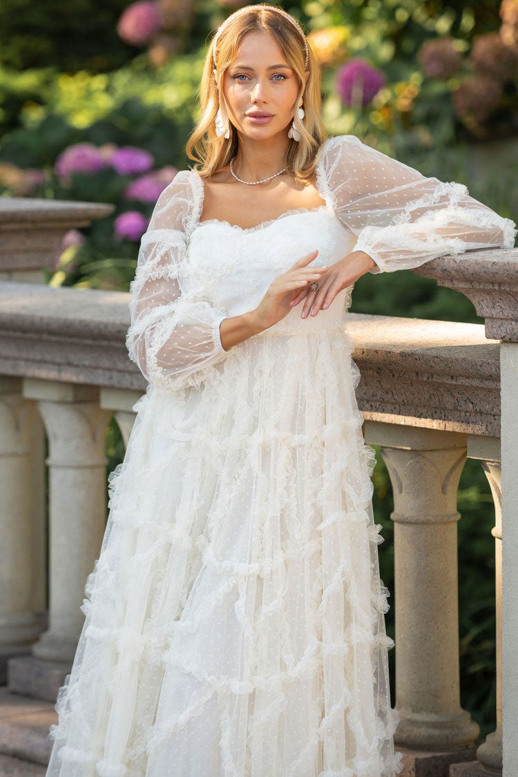 Fairytale Sweetheart Belted Dotted Tulle Layered Dress - Beige - View 2