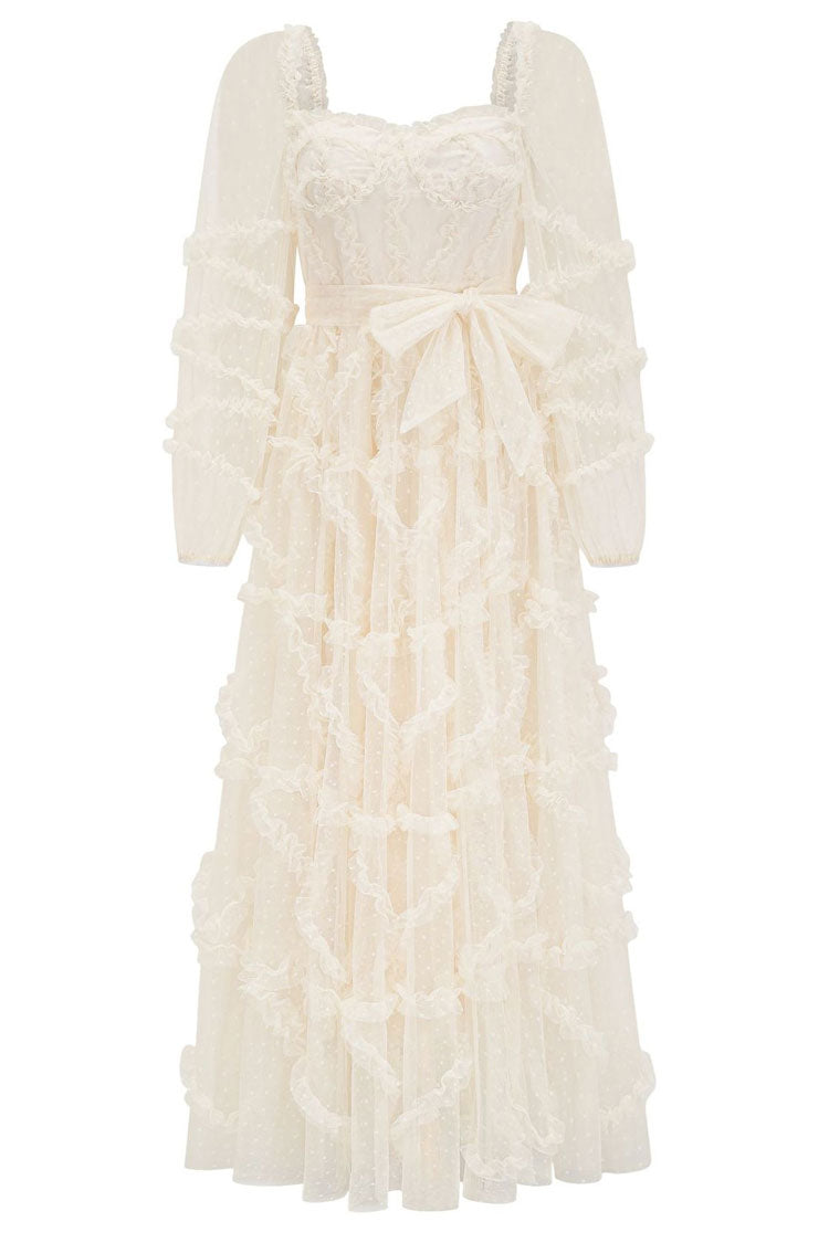 Fairytale Sweetheart Belted Dotted Tulle Layered Dress - Beige - View 4