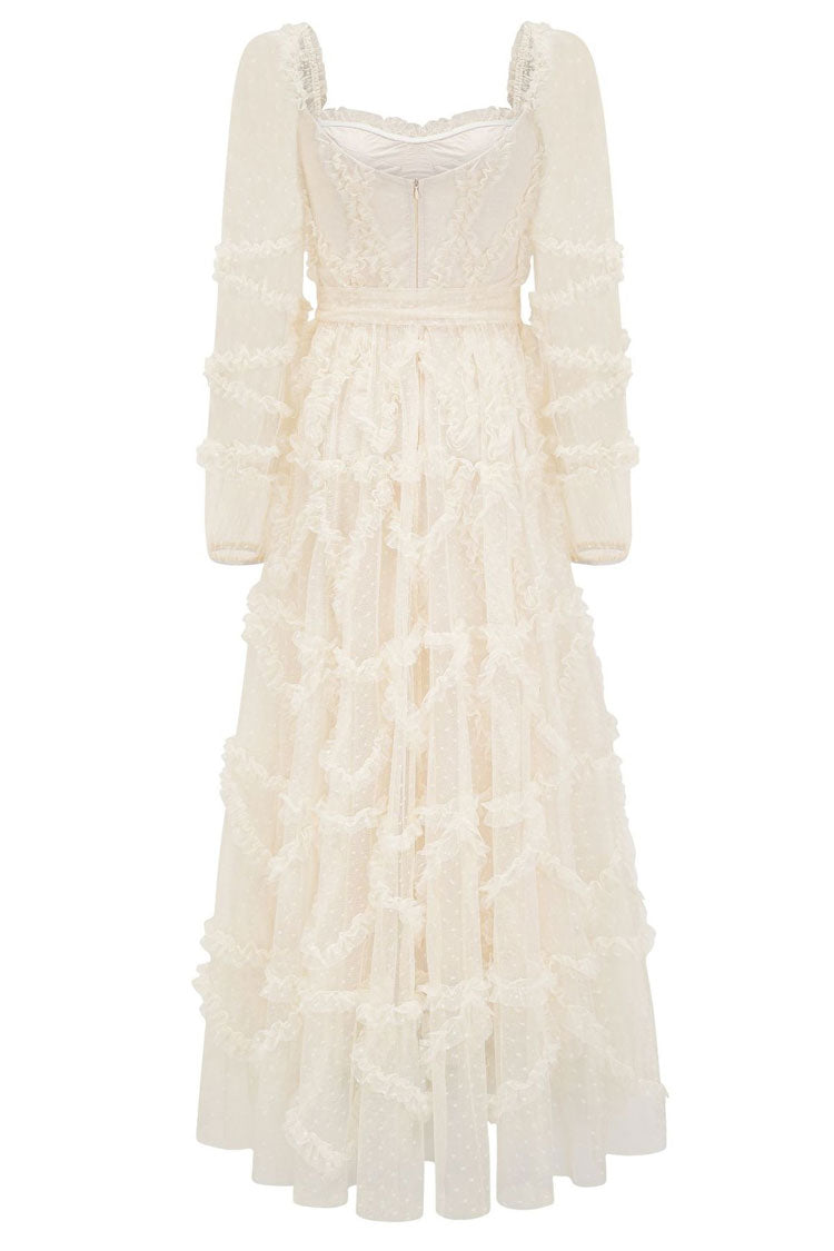 Fairytale Sweetheart Belted Dotted Tulle Layered Dress - Beige - View 5