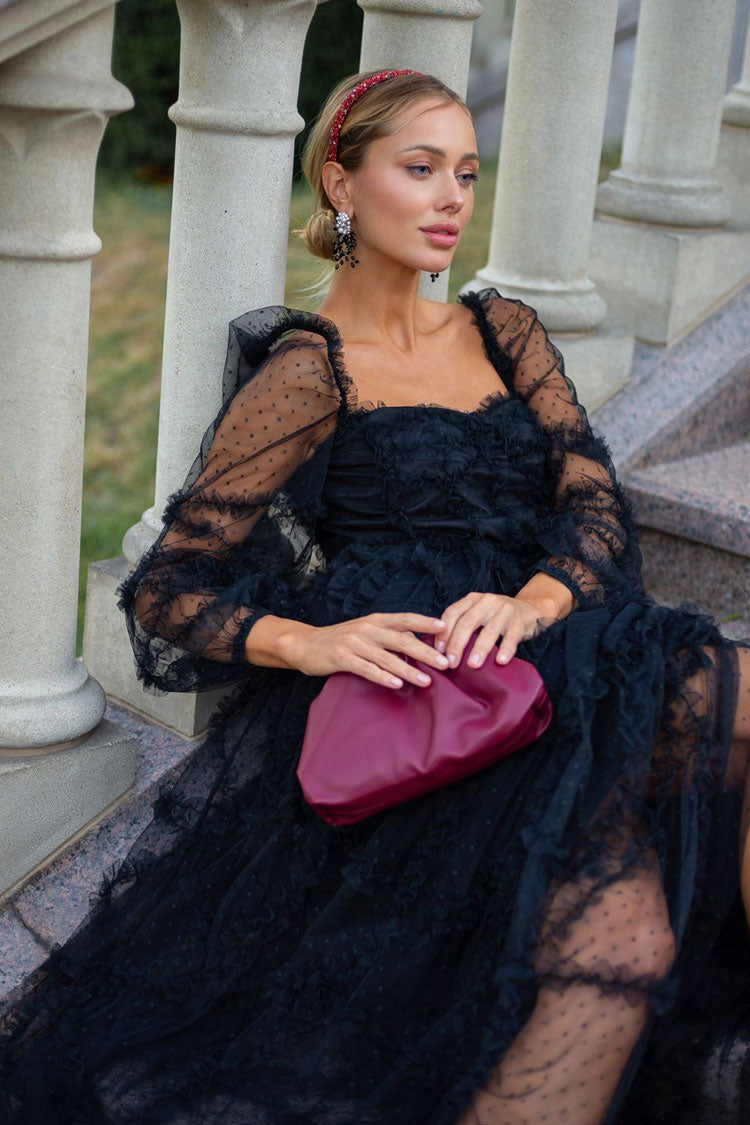 Fairytale Sweetheart Belted Dotted Tulle Layered Dress - Black - View 2
