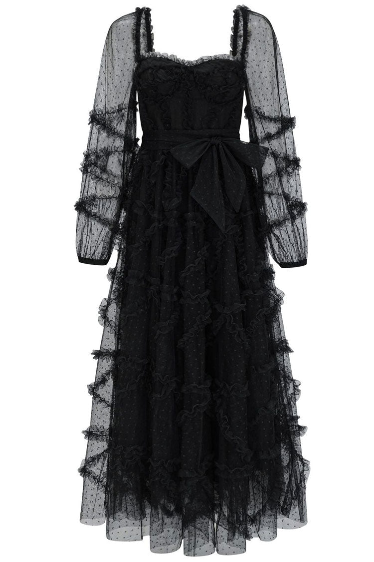 Fairytale Sweetheart Belted Dotted Tulle Layered Dress - Black - View 3