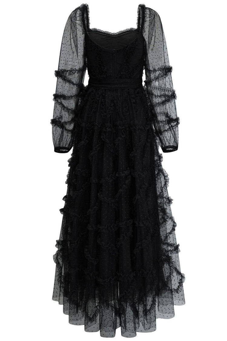 Fairytale Sweetheart Belted Dotted Tulle Layered Dress - Black - View 4