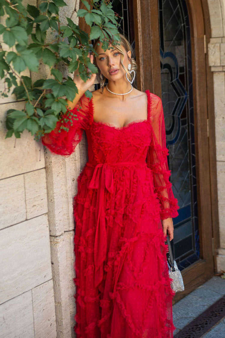 Fairytale Sweetheart Belted Dotted Tulle Layered Ruffle Maxi Gown Dress - Red 2