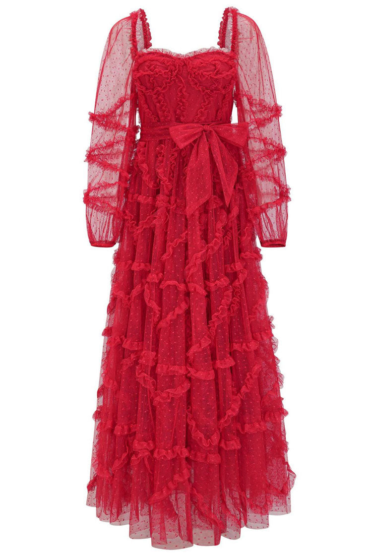 Fairytale Sweetheart Belted Dotted Tulle Layered Ruffle Maxi Gown Dress - Red 3