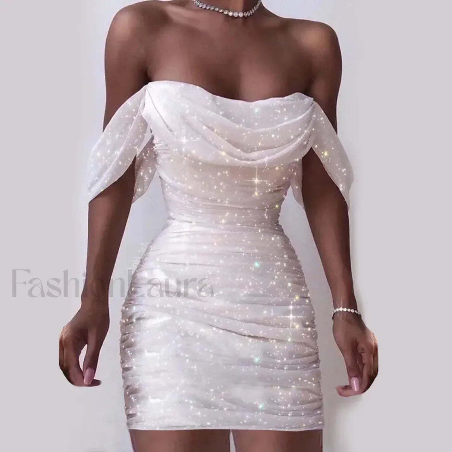 Fall For Women 2024 Sexy Off Shoulder Ruched Glitter Sparkly Sequin Straight Bodycon Slim White Prom Dress
