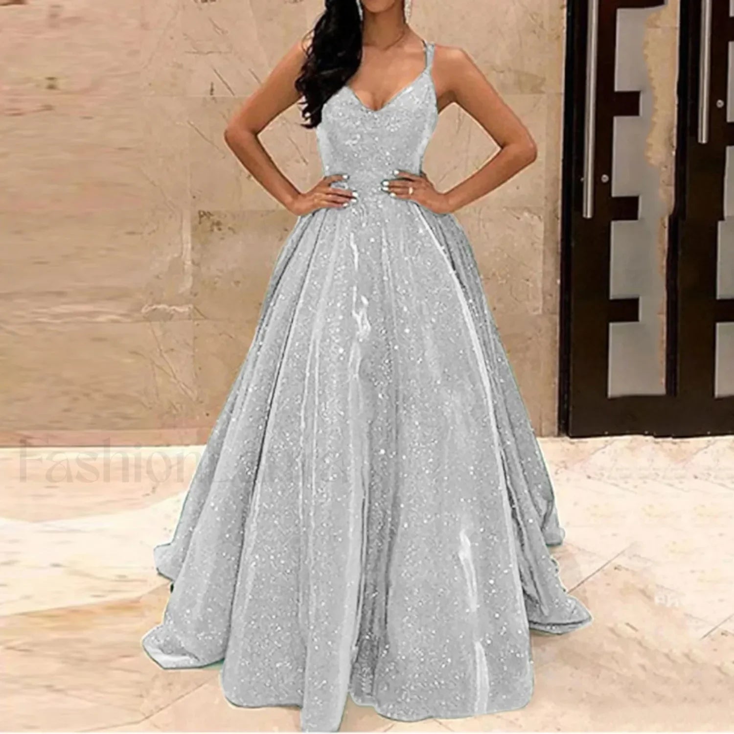 Fall For Women 2024 Spaghetti Strap Sleeveless Glitter Sequin Big Swing Formal Elegant Evening Prom Dress Silver / S