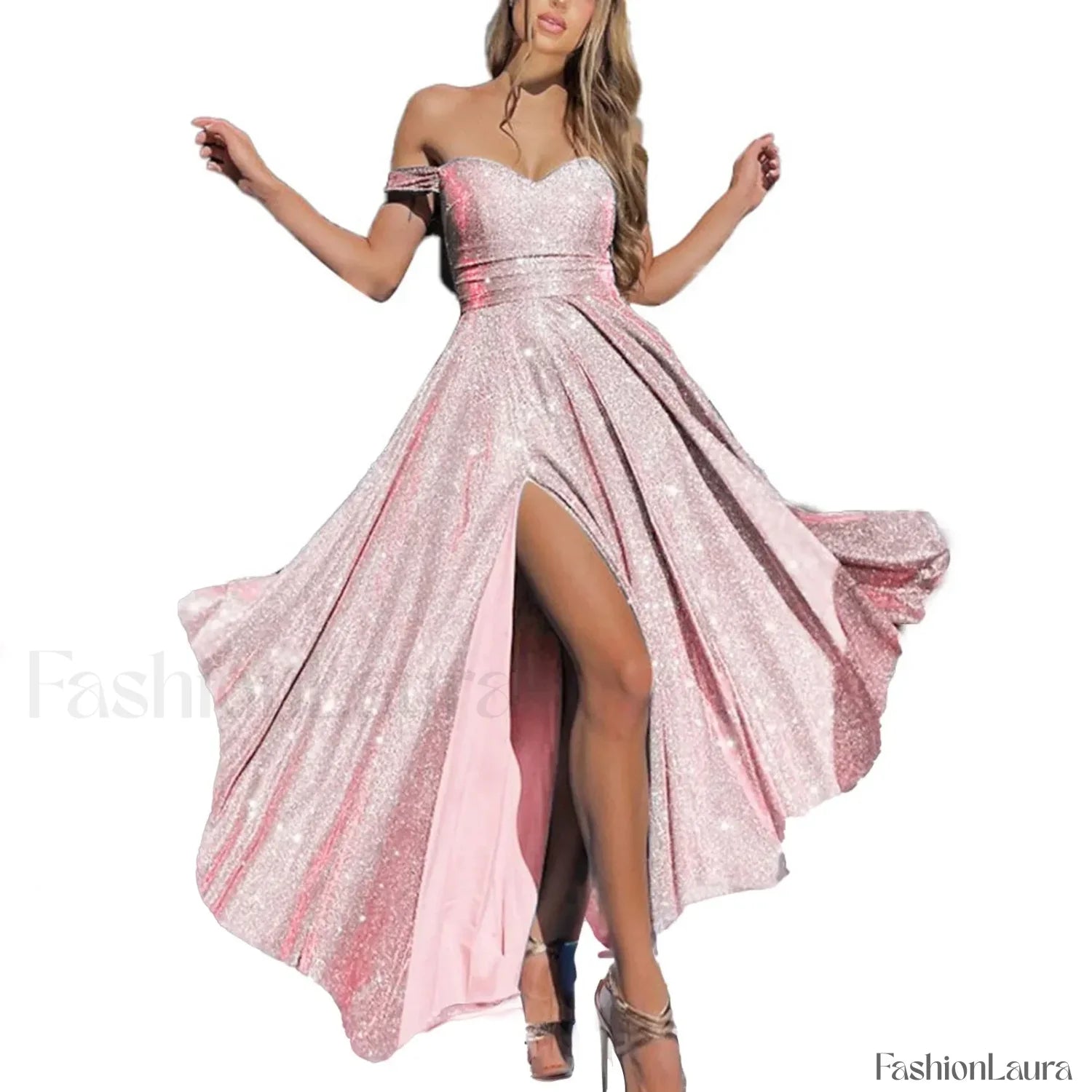 Fall For Women 2024 Vintage Off Shoulder Side Slit Glitter Sparkly Sequin A-Line Maxi Homecoming Prom Dress