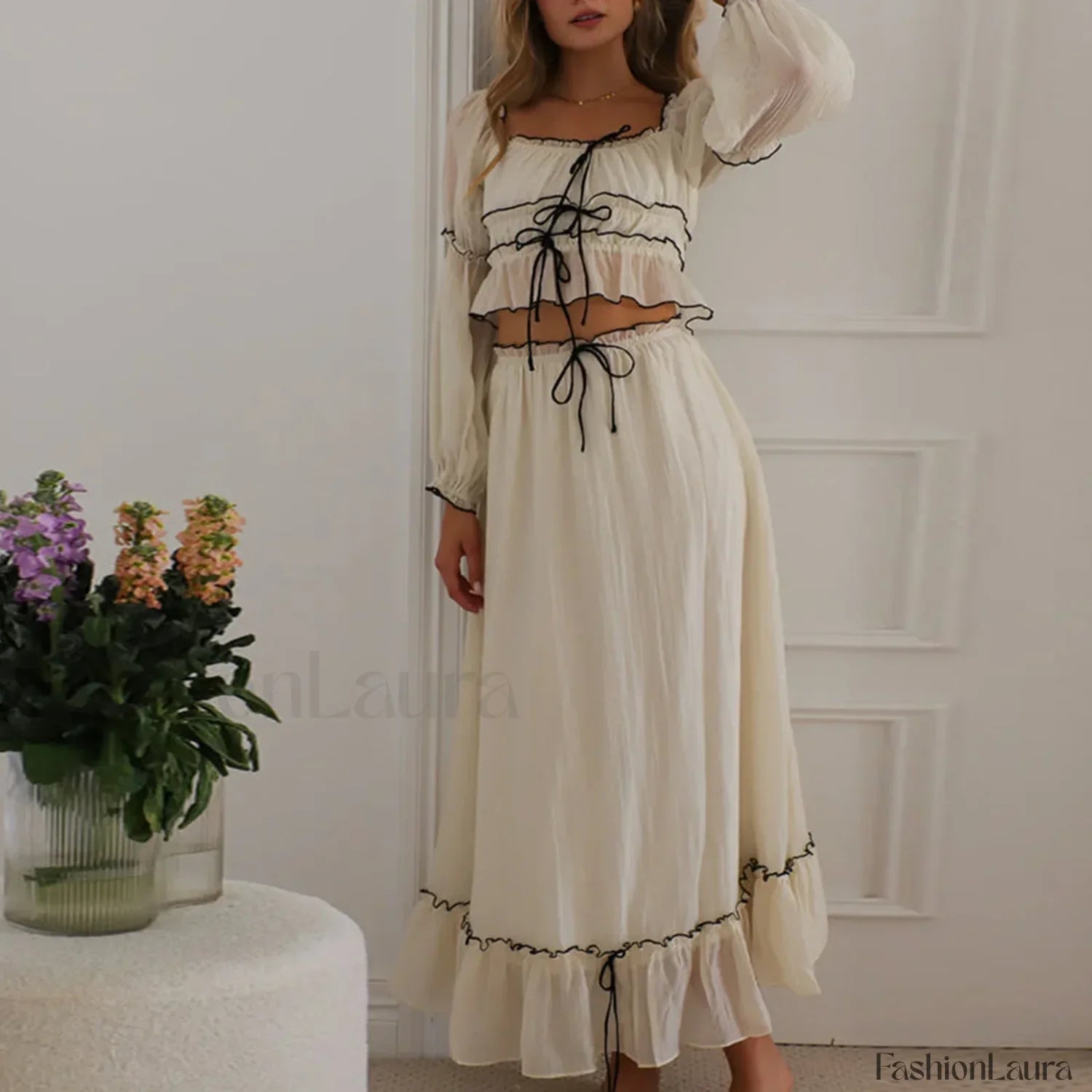 Fall Skirts Tie-up Off Shoulder Tops Elastic Waist Skirt Two Piece Set
