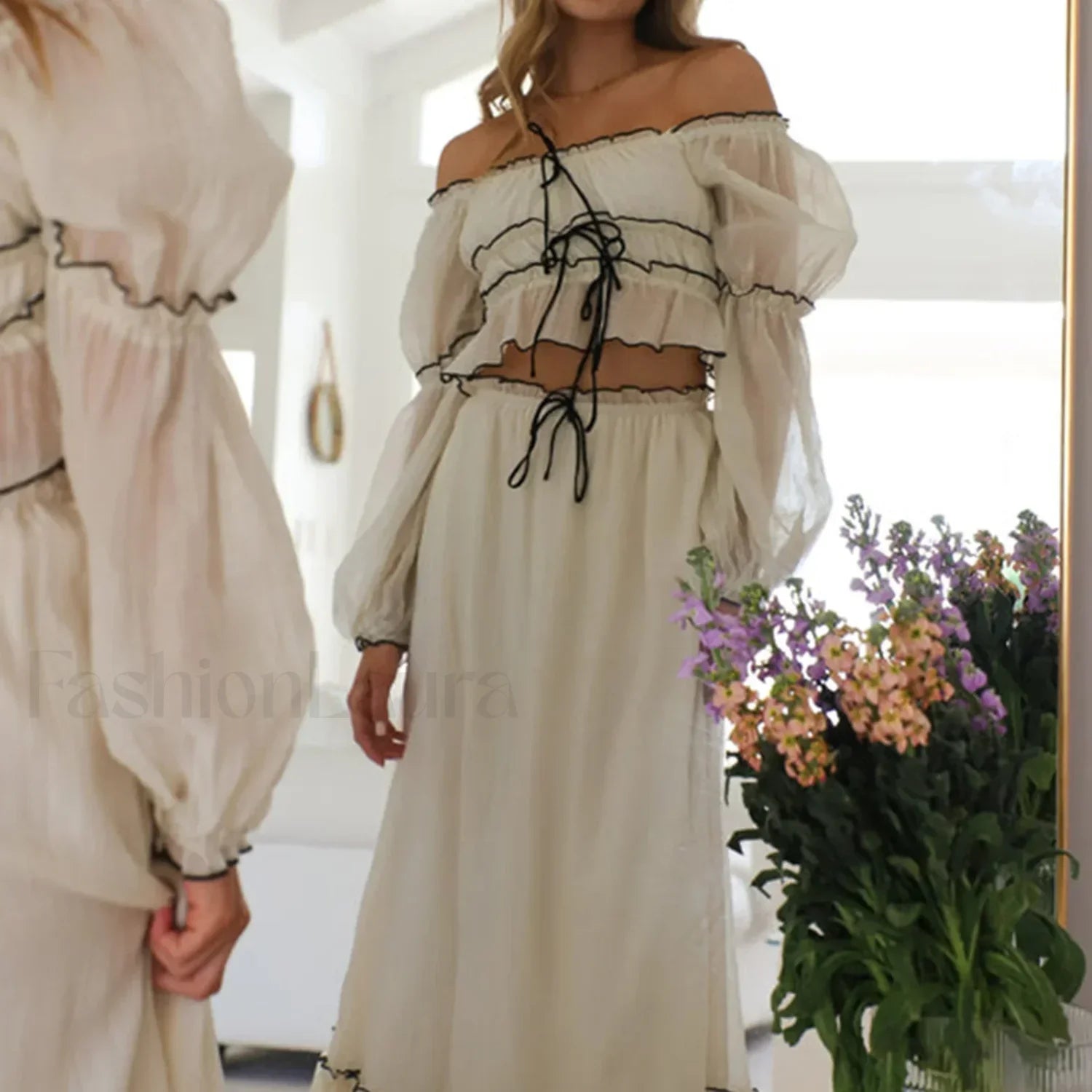 Fall Skirts Tie-up Off Shoulder Tops Elastic Waist Skirt Two Piece Set