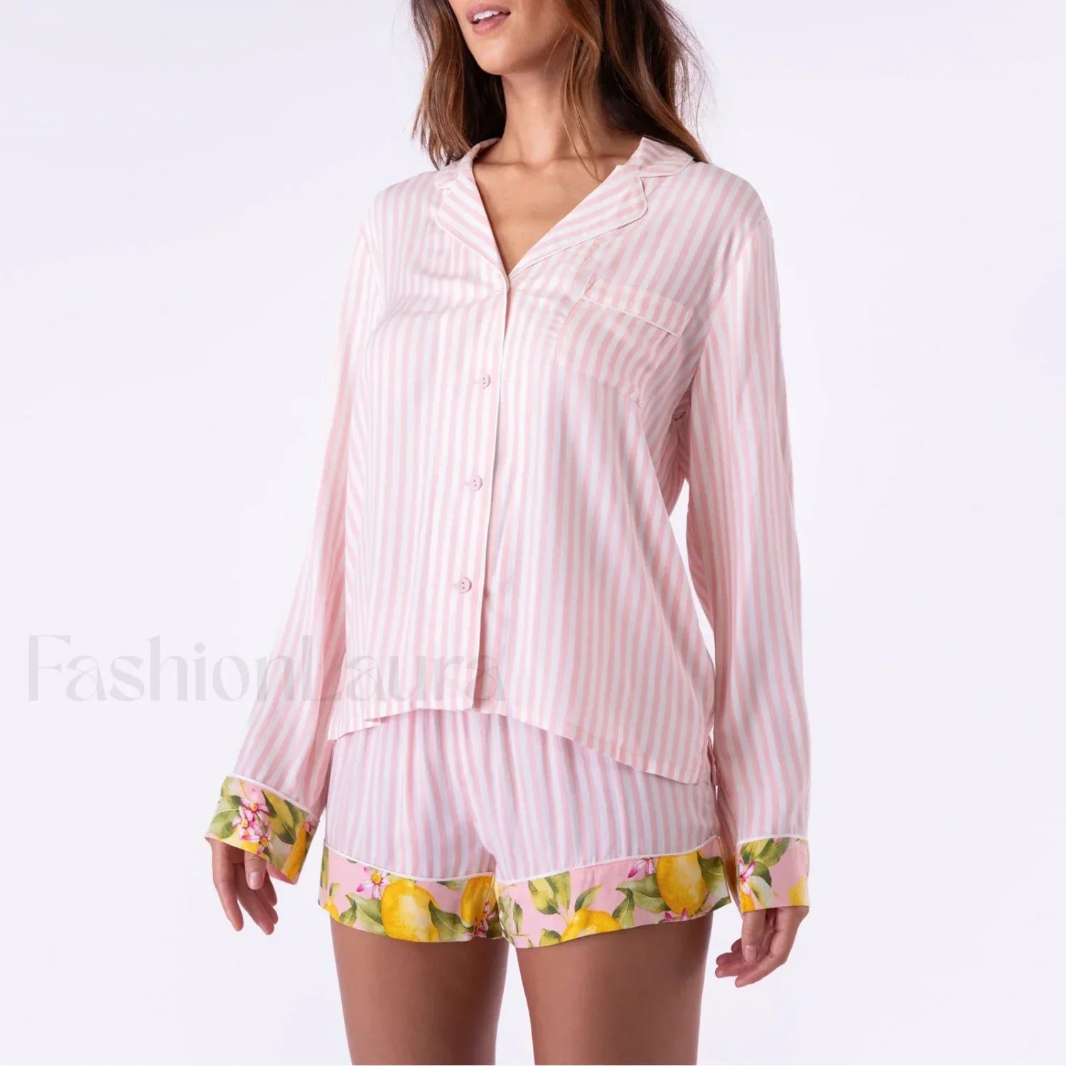Fall Stripe/Fruit Print Button Shirt Drawstring Shorts Two Piece Set