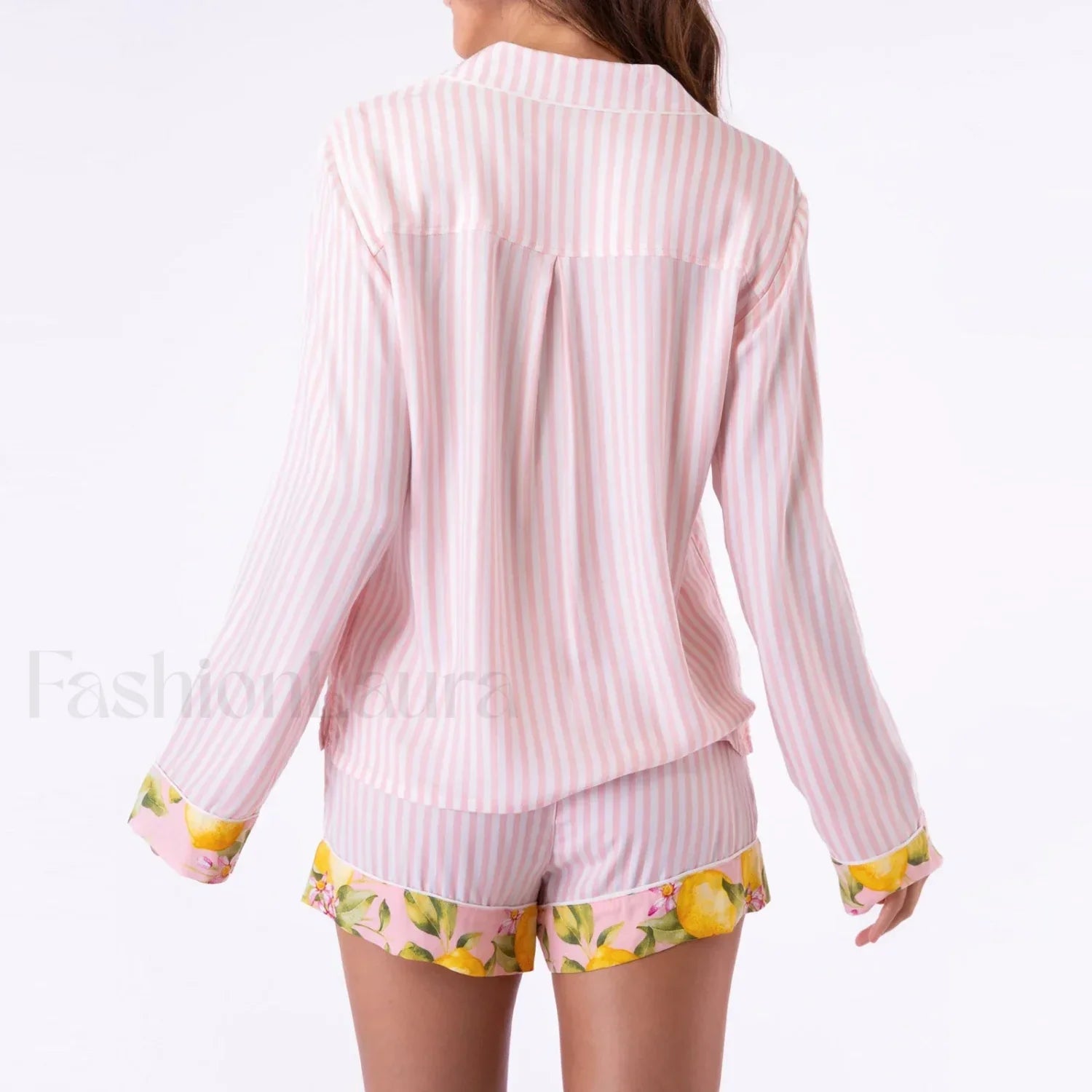 Fall Stripe/Fruit Print Button Shirt Drawstring Shorts Two Piece Set