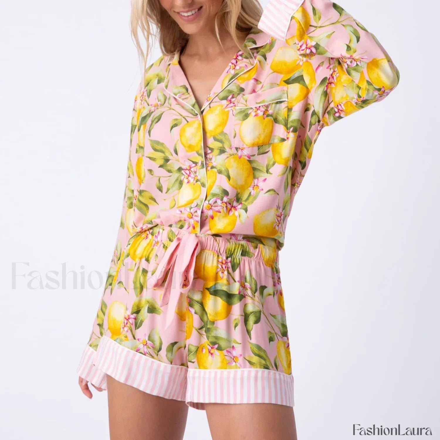 Fall Stripe/Fruit Print Button Shirt Drawstring Shorts Two Piece Set