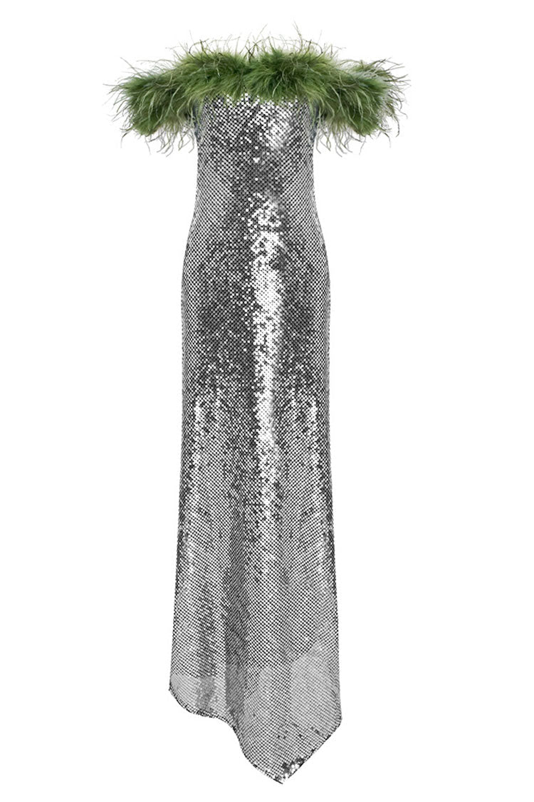 Fantastic Feather Trim Off Shoulder Asymmetric Mermaid Sequin Dress - Silver 3