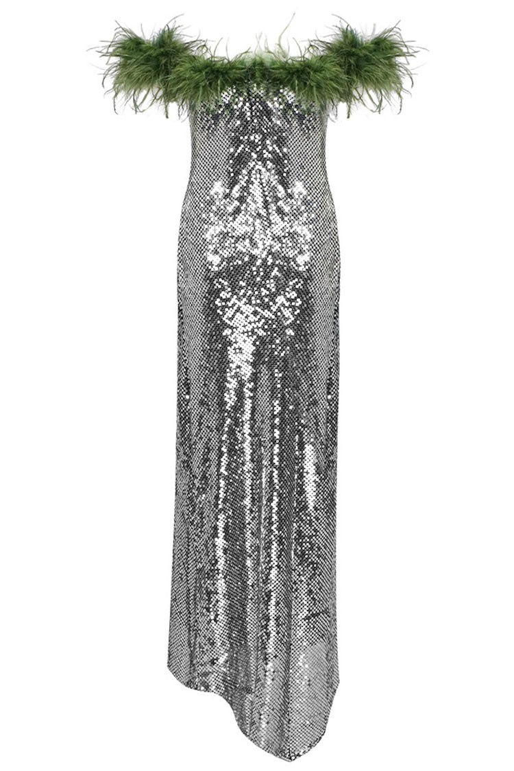 Fantastic Feather Trim Off Shoulder Asymmetric Mermaid Sequin Dress - Silver 4