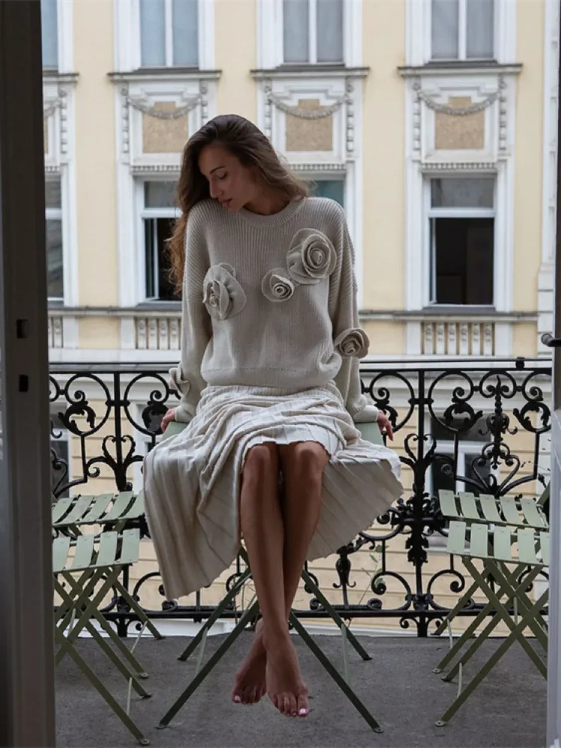 Fashion 3D Rose Round Neck Knitted Pullover Women Casual Long Sleeves Loose Sweater