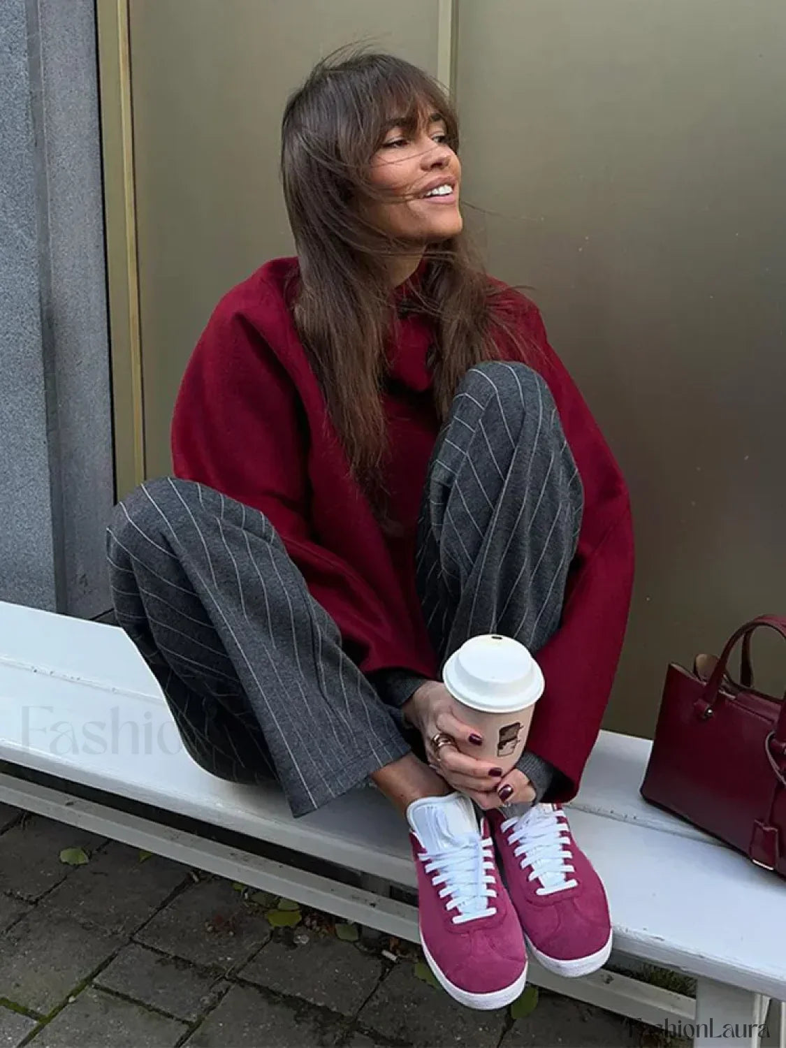 Fashion Collar Single Breasted Women's Woolen Coat Casual Wine Red Overcoats