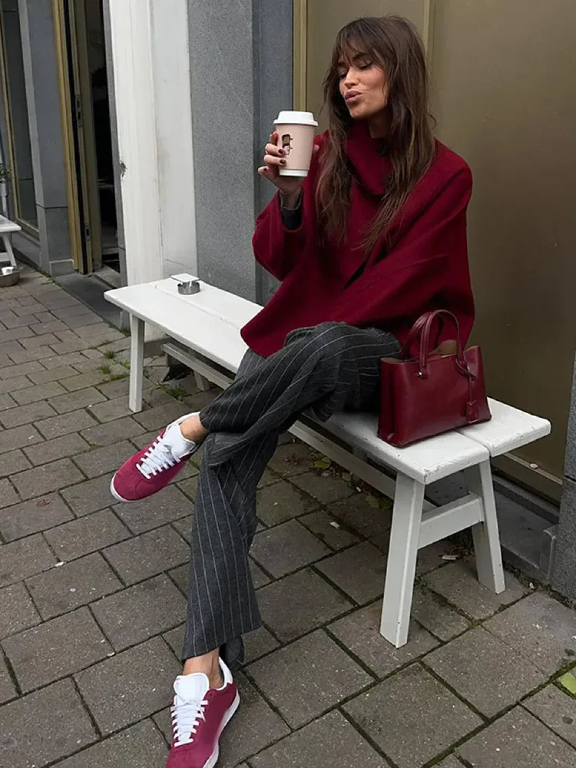 Fashion Collar Single Breasted Women's Woolen Coat Casual Wine Red Overcoats