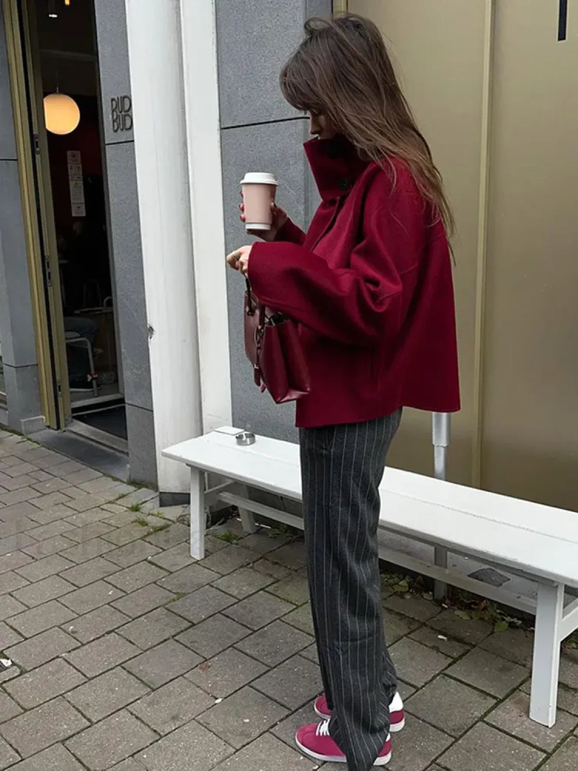 Fashion Collar Single Breasted Women's Woolen Coat Casual Wine Red Overcoats