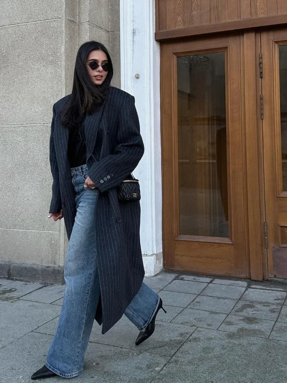 Fashion Dark Grey Stripe Lapel Double Breasted Overcoats