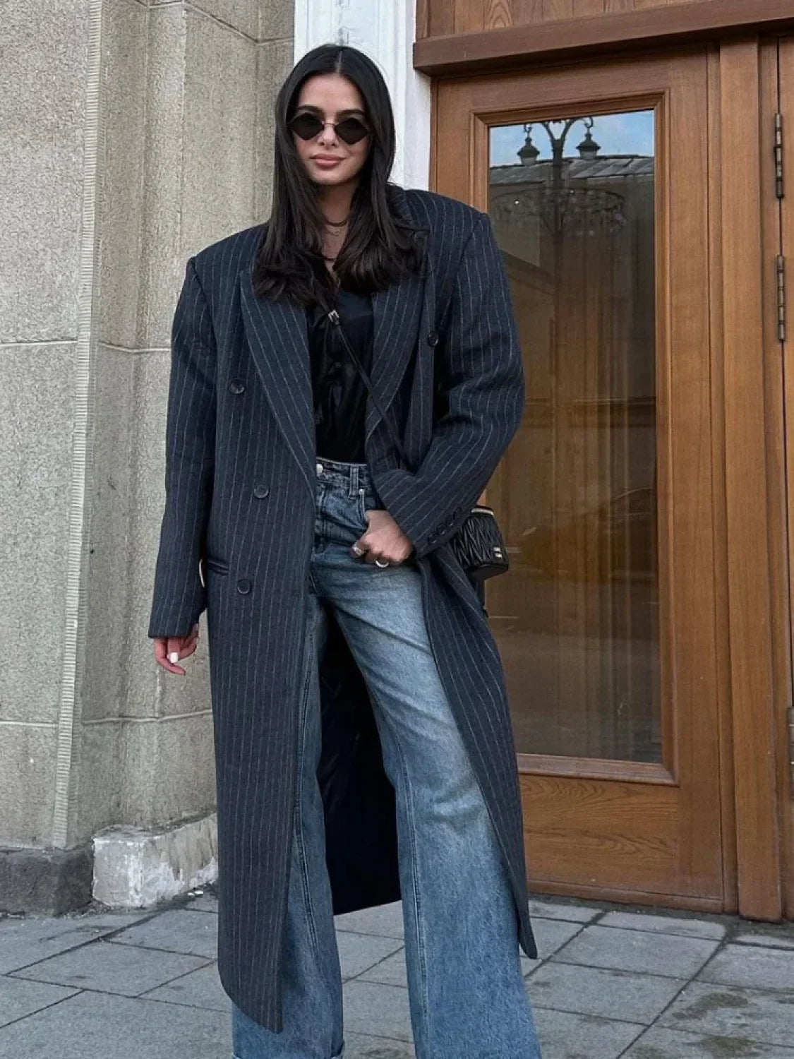 Fashion Dark Grey Stripe Lapel Double Breasted Overcoats