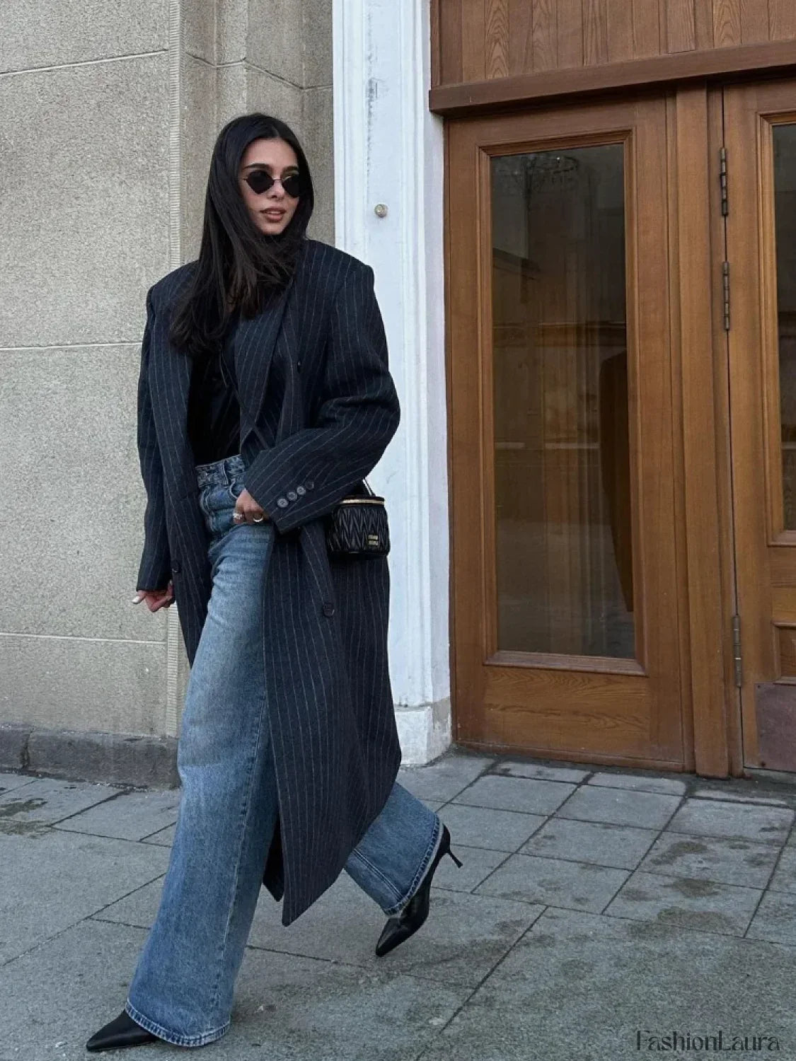 Fashion Dark Grey Stripe Lapel Double Breasted Overcoats