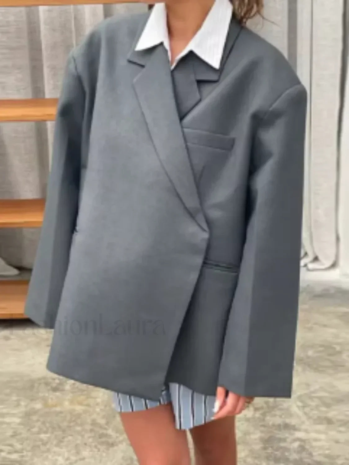 Fashion Dark Grey Stripe Lapel Double Breasted Overcoats