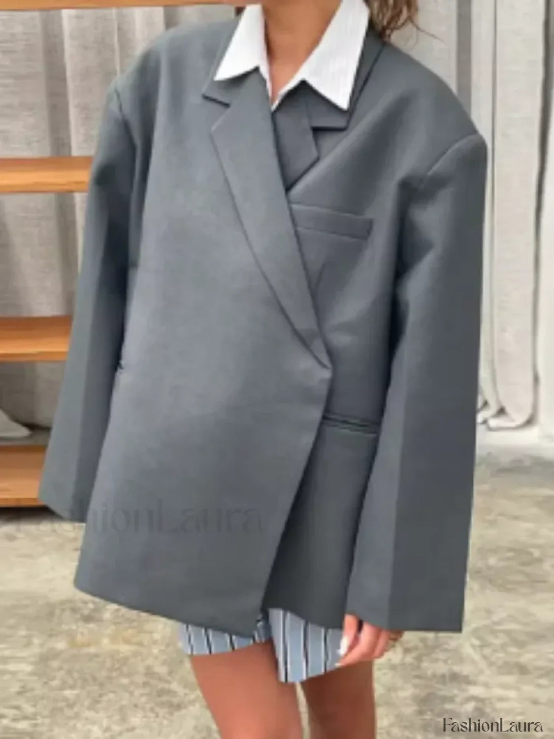 Fashion Dark Grey Stripe Lapel Double Breasted Overcoats