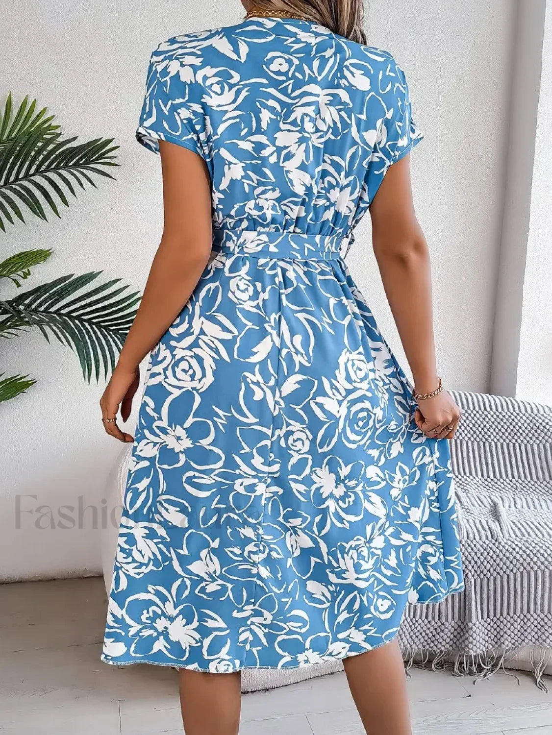 Fashion Elegant Floral Print Button Bat Sleeve A-line Midi Dress