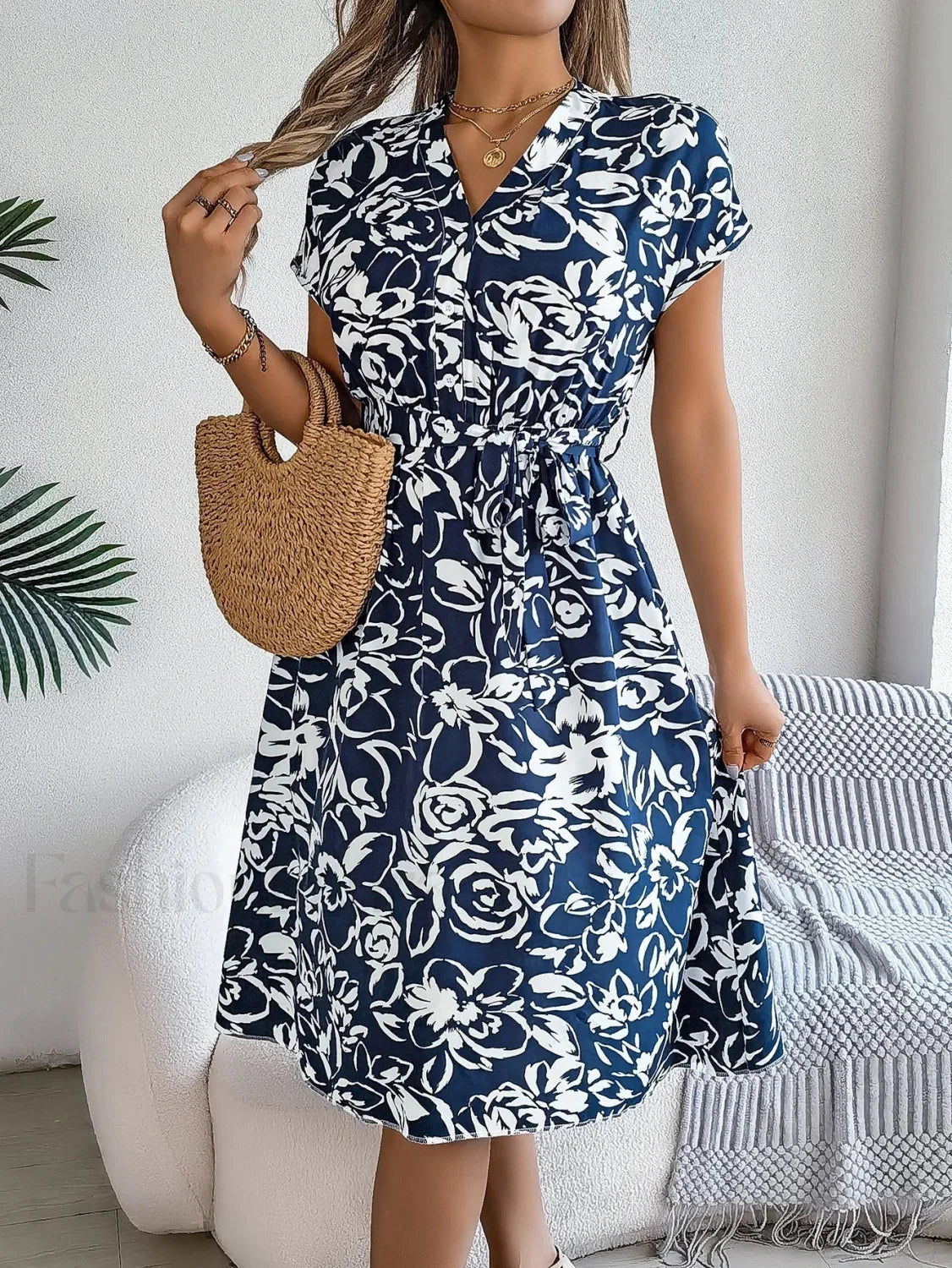 Fashion Elegant Floral Print Button Bat Sleeve A line Midi Dress Dark Blue / S