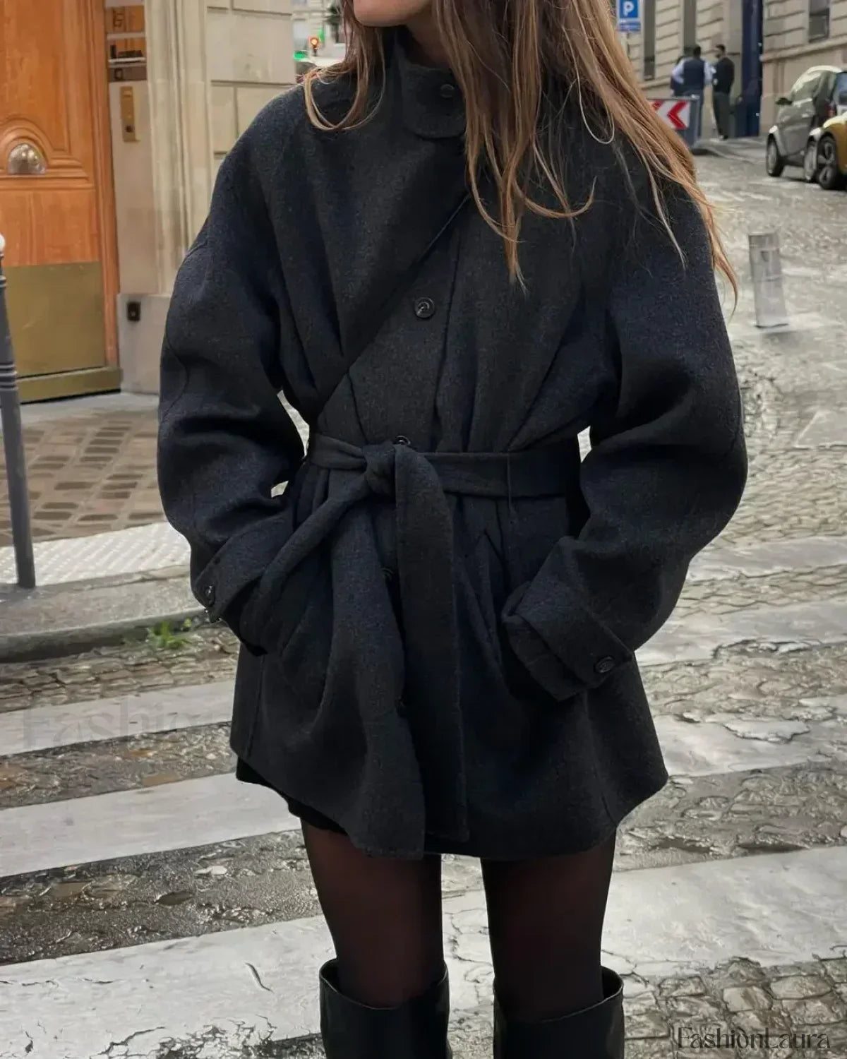 Fashion High Neck With Belt Woolen Overcoats