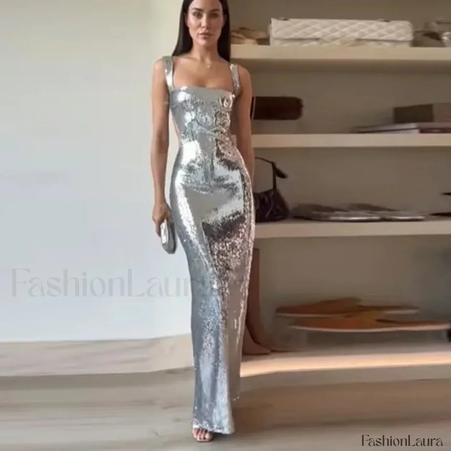 Fashion Sexy Sling Backless Silvery Women High Waist Bodycon Sleeveless Evening Party Maxi Dress