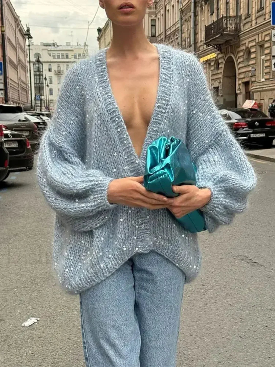 Fashion Shiny Sequins Women Mohair Knitted Cardigan V Neck Long Lantern Sleeve Sweater