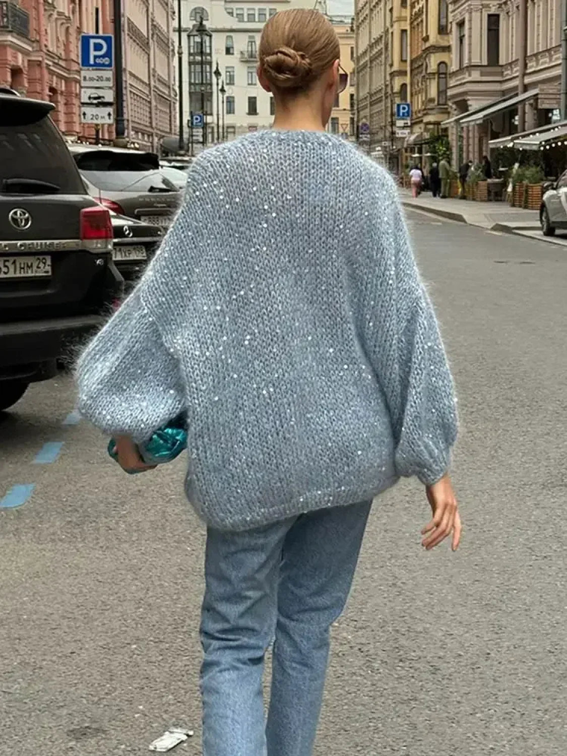 Fashion Shiny Sequins Women Mohair Knitted Cardigan V Neck Long Lantern Sleeve Sweater