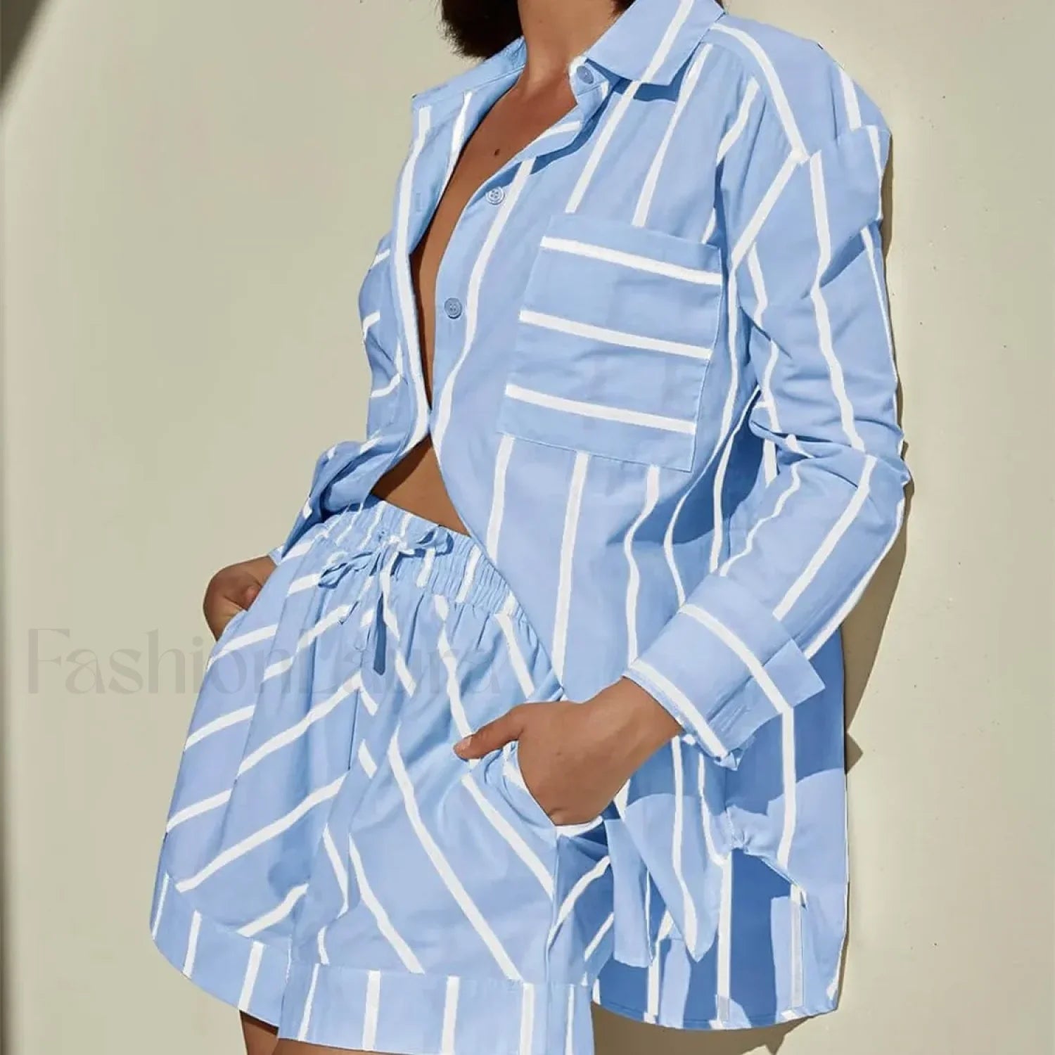 Fashion Striped Buttoned Shirt Shorts Pajamas Two Piece Set