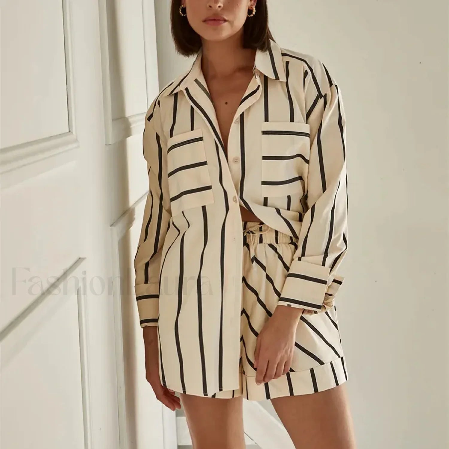 Fashion Striped Buttoned Shirt Shorts Pajamas Two Piece Set