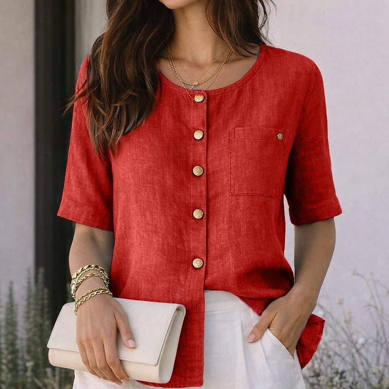 Round Neck Short Sleeve Button Front Blouse
