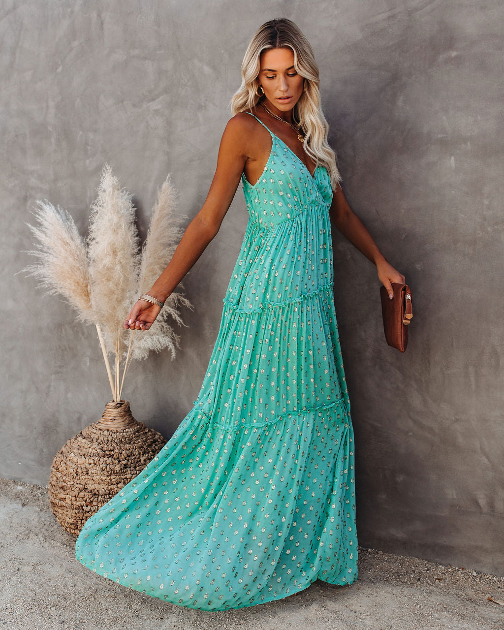 Fathoms Below Adjustable Metallic Tiered Maxi Dress Seafoam
