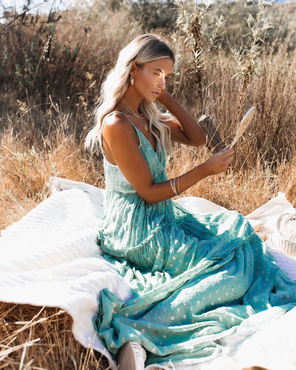 Fathoms Below Adjustable Metallic Tiered Maxi Dress Seafoam