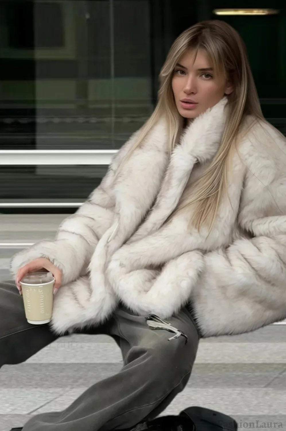 Faux Fox Fur Long Sleeve Coat