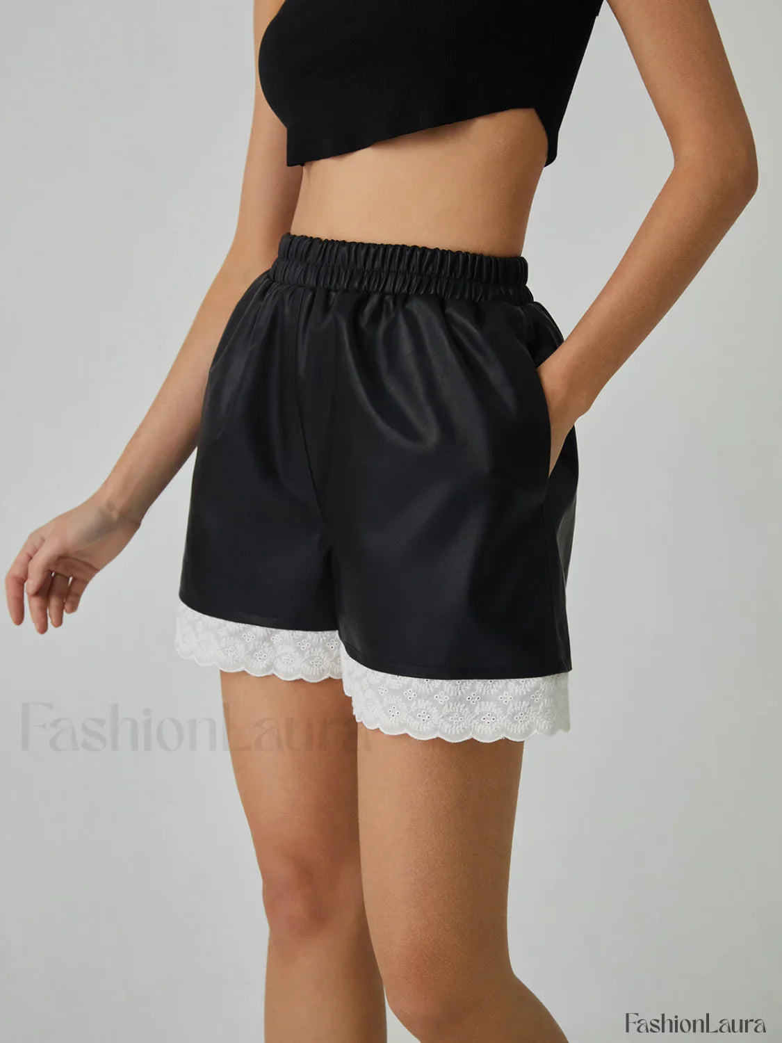 Faux Leather Graceful Lace Patchwork Shorts