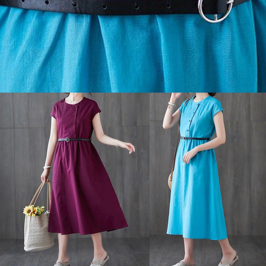 Round Neck Cap Sleeve Asymmetric Button Belted A-Line Midi Dress