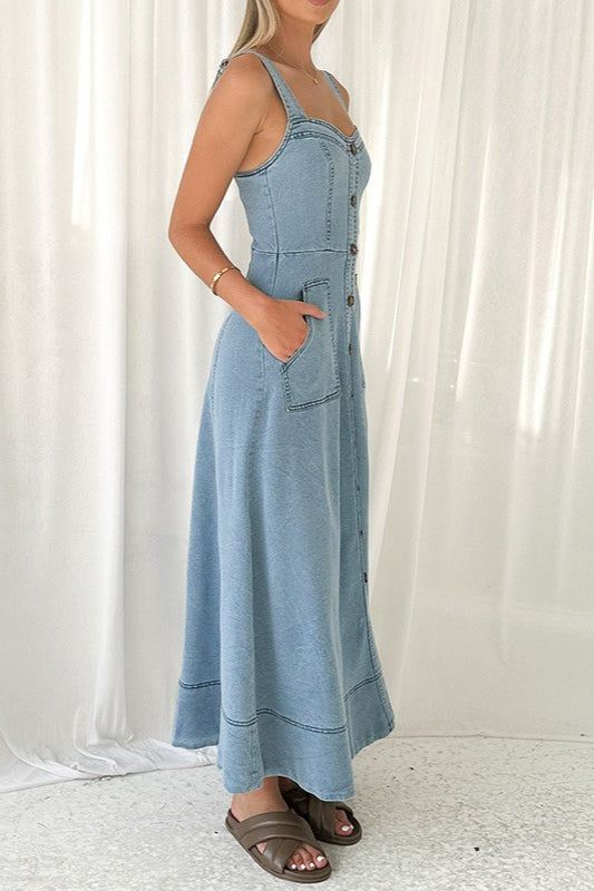 Strappy Edition Backless Maxi Denim Dress