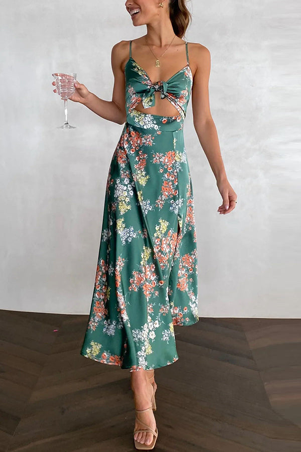 Floral Satin Spaghetti Strap Cut Out High Split Midi Dress