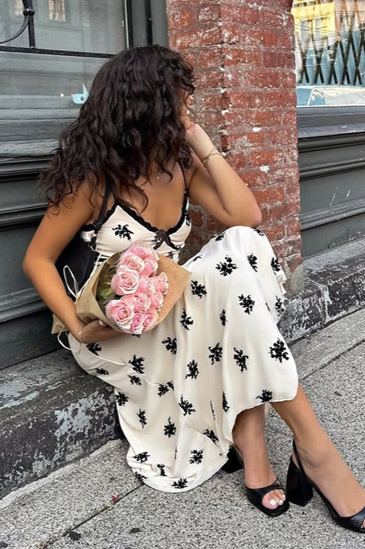 Floral Deep V-Neck Spaghetti Strap Lace Trim Slip Midi Dress