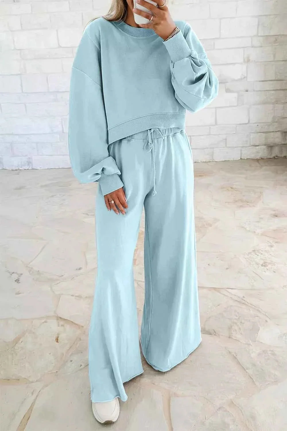 Drop Shoulder Cropped Sweatshirt and Drawstring Wide Leg Pants Two Piece Set