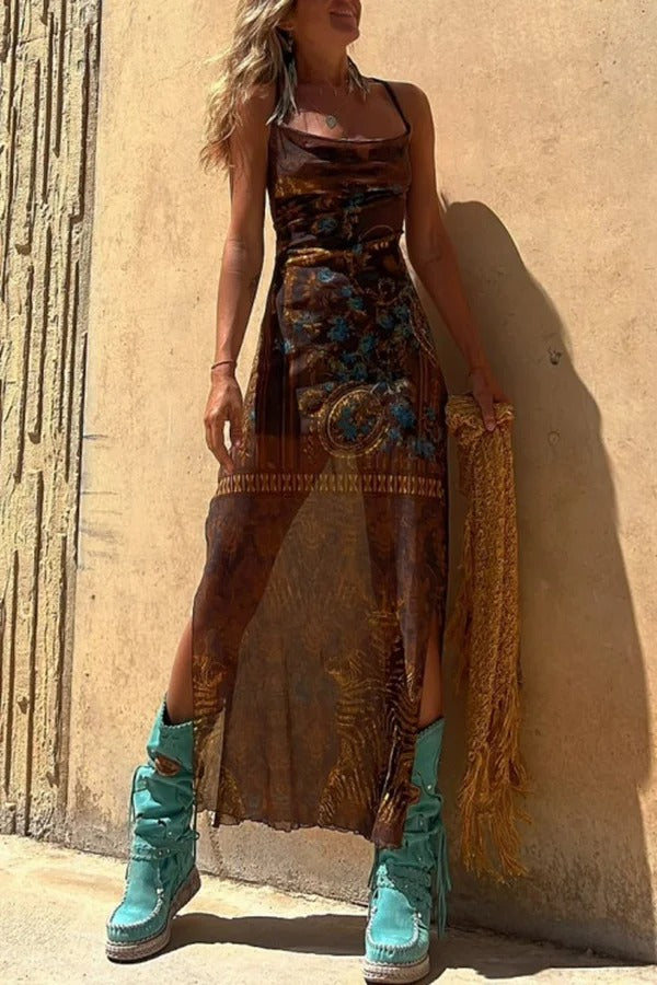 Backless Lace Up Fringe High Split Boho Maxi Dress