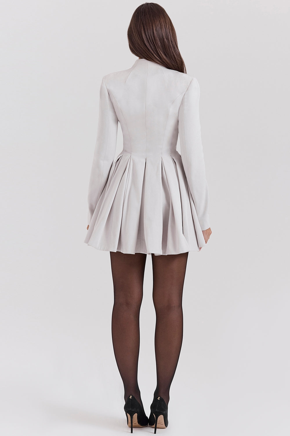 Stand Collar Plunge Long Sleeve Pleated Skater Mini Dress 8