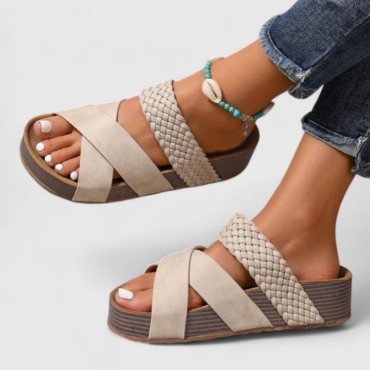Cross Strap Woven Platform Slide Sandals