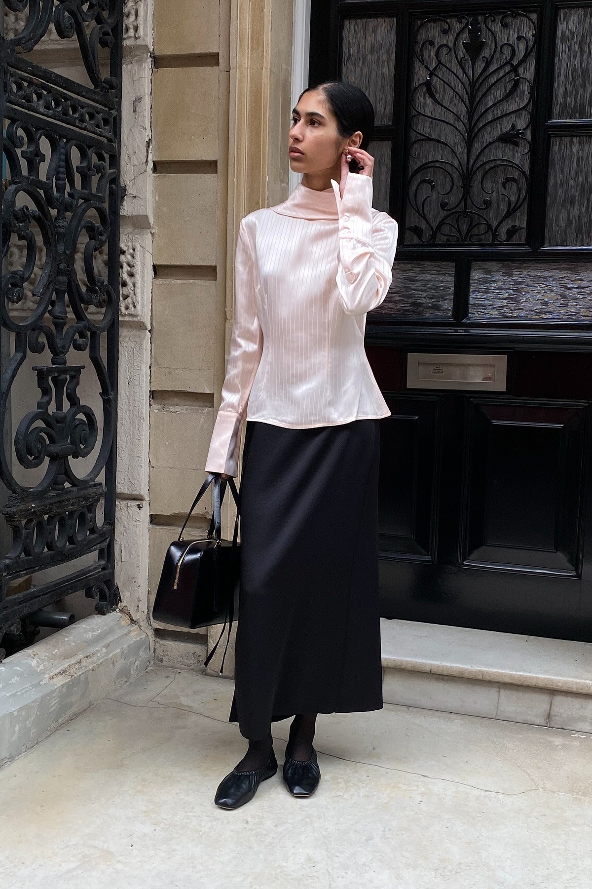 Stand Collar Neck Tie Slim Fit Workwear Long Sleeve Blouse